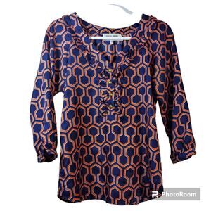 Skirtin Around Blue Orange Ruffle Silk Blouse Top Size 0